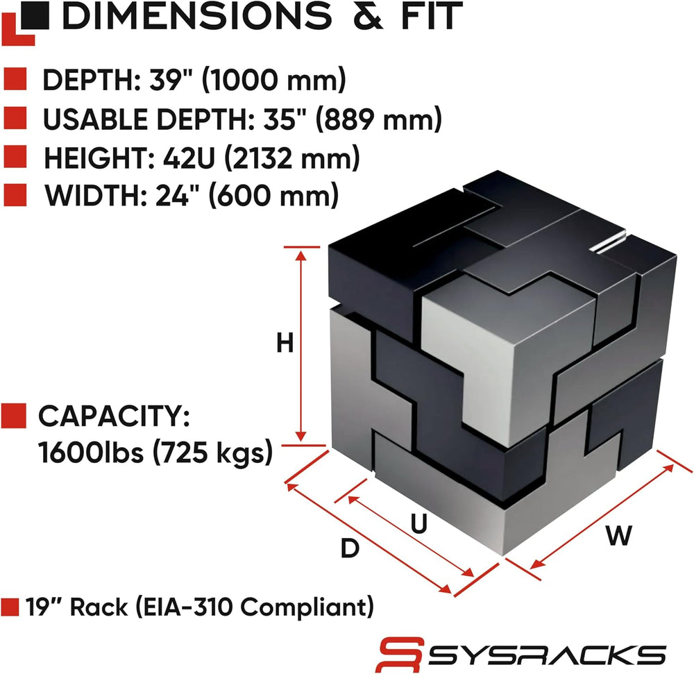 Sysracks 42U Server Rack Cabinet, 19” Floor Standing Enclosed Network Cabinet...