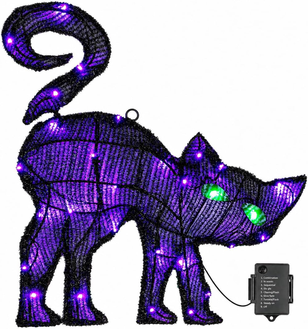 Black Cat Halloween Decor, 17.32 Inch Lighted Hanging Decoration