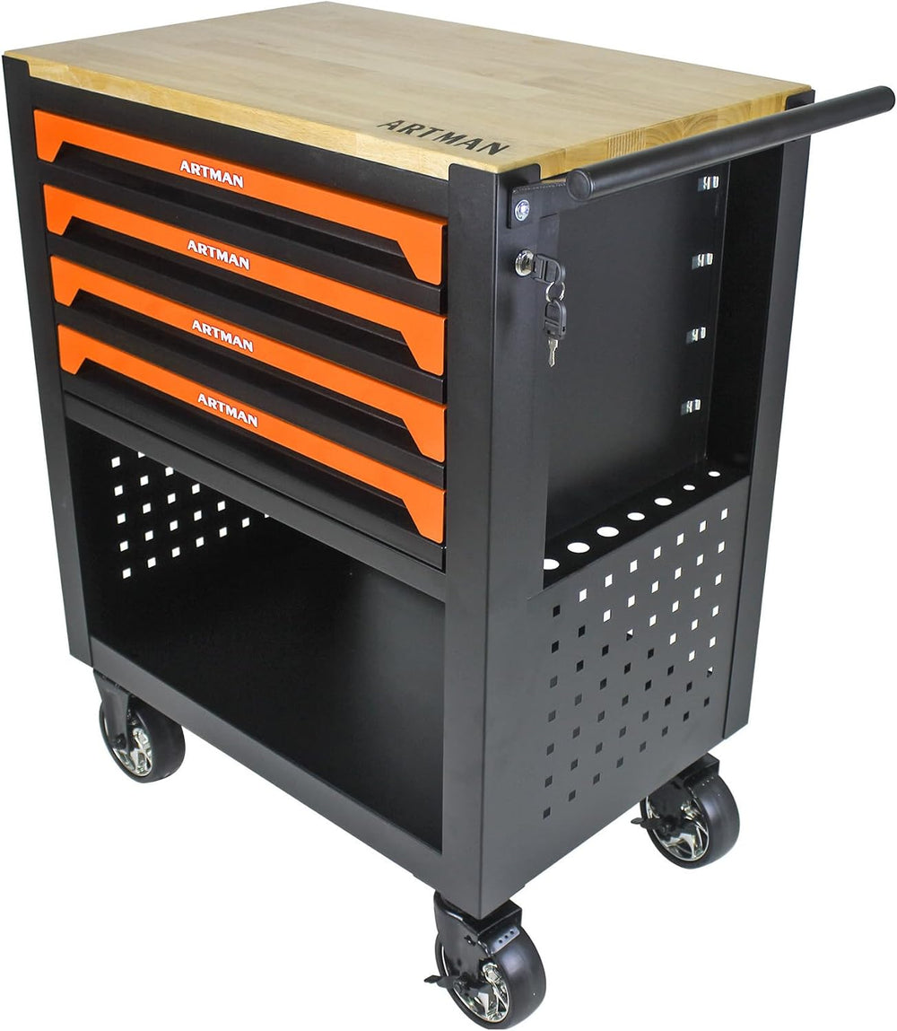 Lockable 4-Drawer Rolling Tool Chest with Wooden Top Workbench
