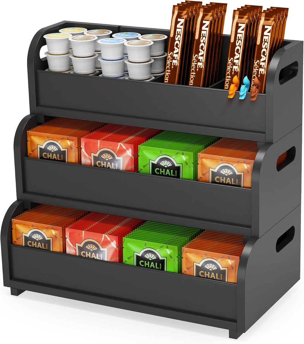 3-Tier Bamboo Tea Bag Organizer, Stackable Tea Holder for Countertop, Black