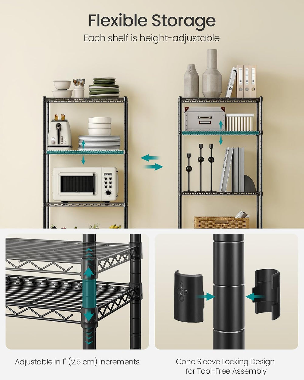 SONGMICS 4-Tier Storage Shelves, Adjustable Wire Shelving Unit, 8 Hooks
