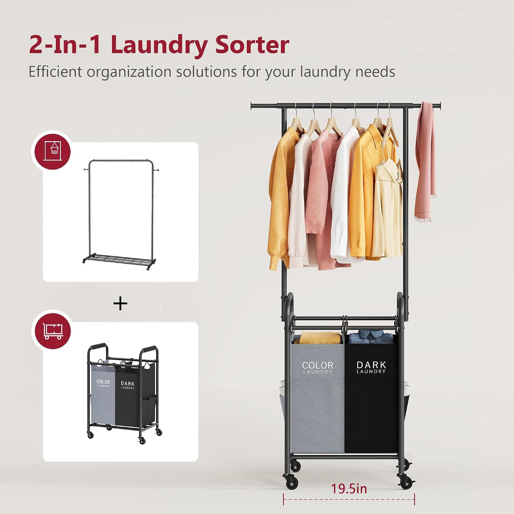 Tajsoon Laundry Sorter with Hanging Bar, 2 Bag laundry cart, Black & Gray