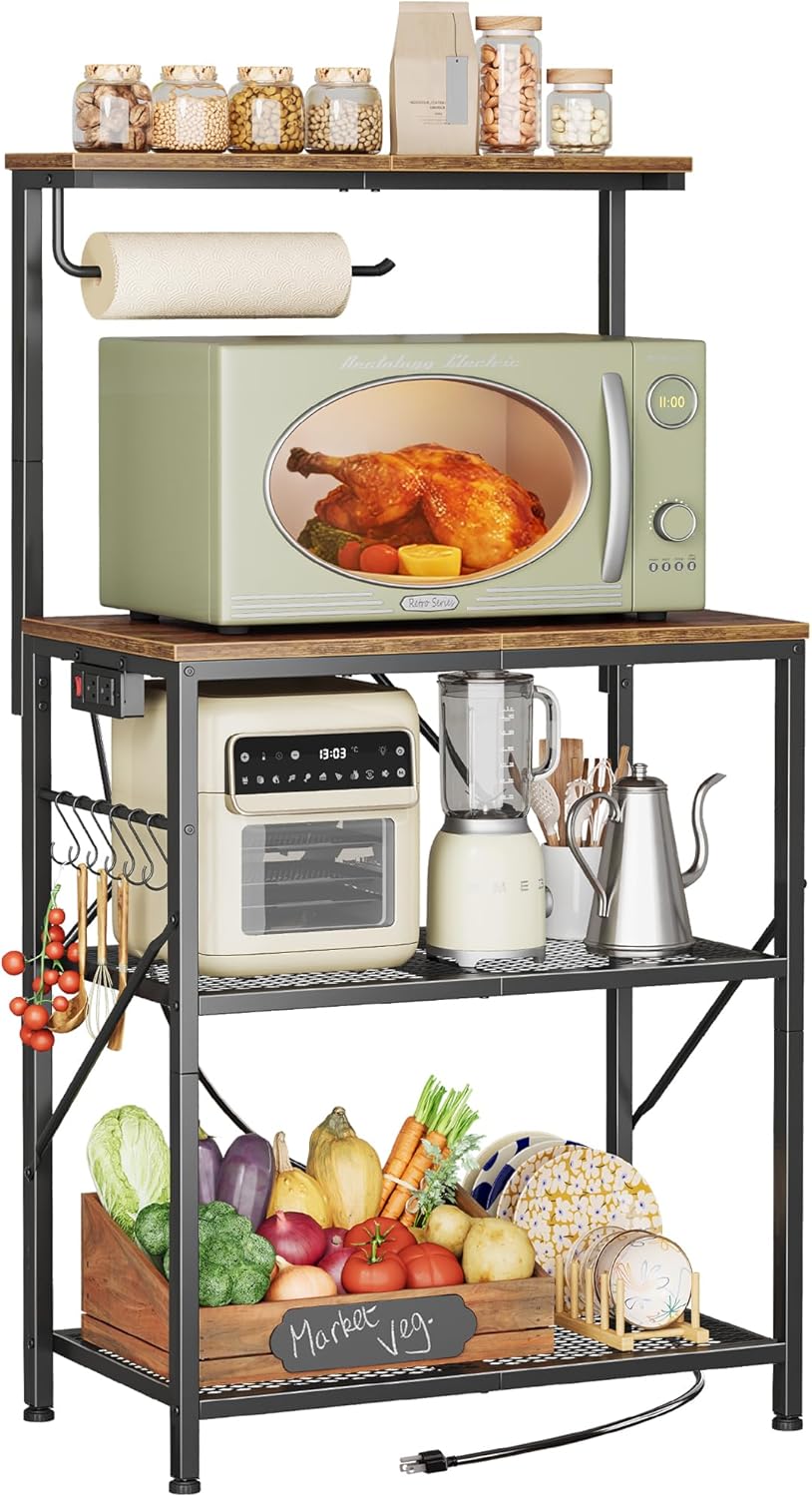 Huuger 4-Tier Bakers Rack with Reversible Power Outlet, 23.6 Inch Microwave S...