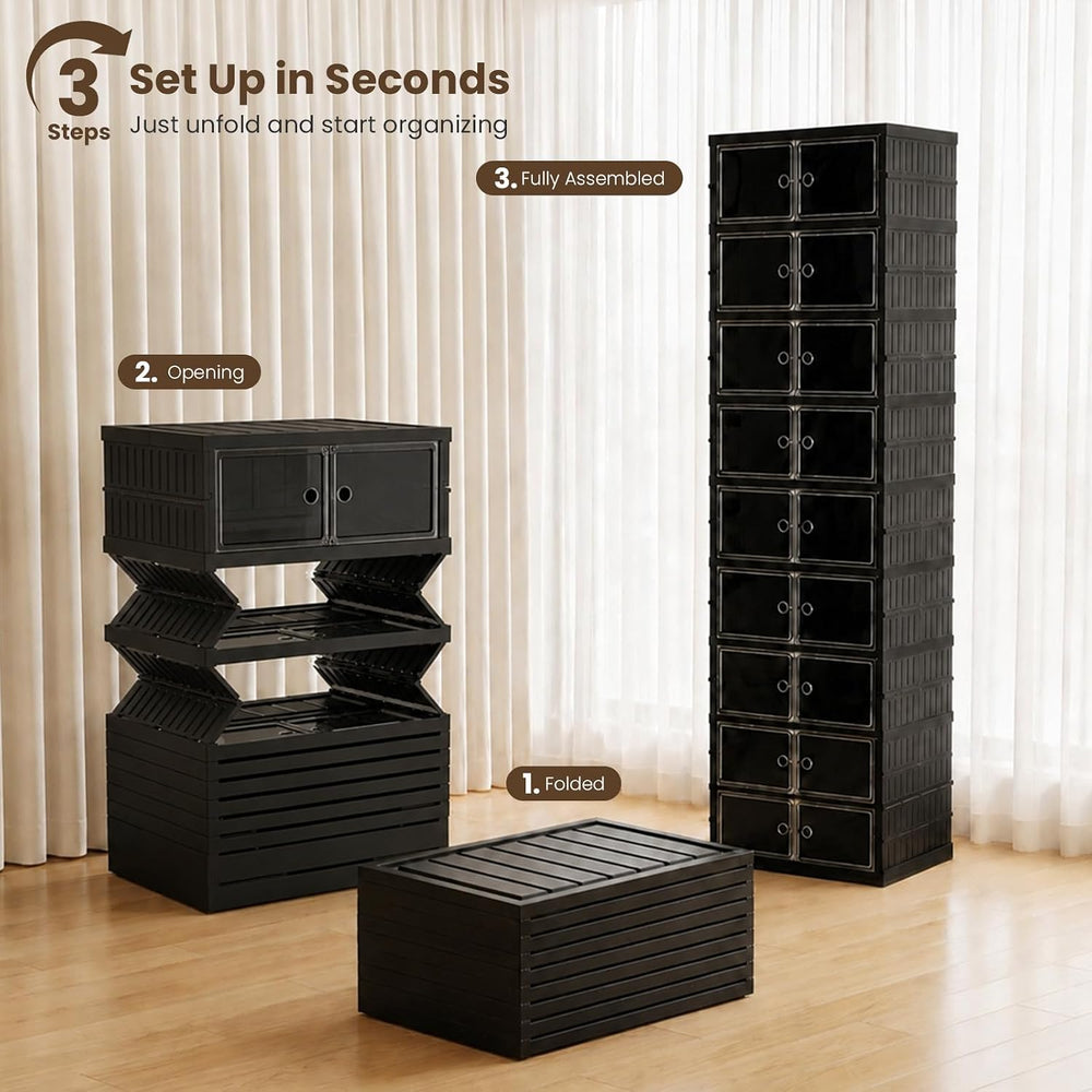 9 Tier Foldable Shoe Rack, Plastic Shoe Storage Cabinet with Clear Doors
