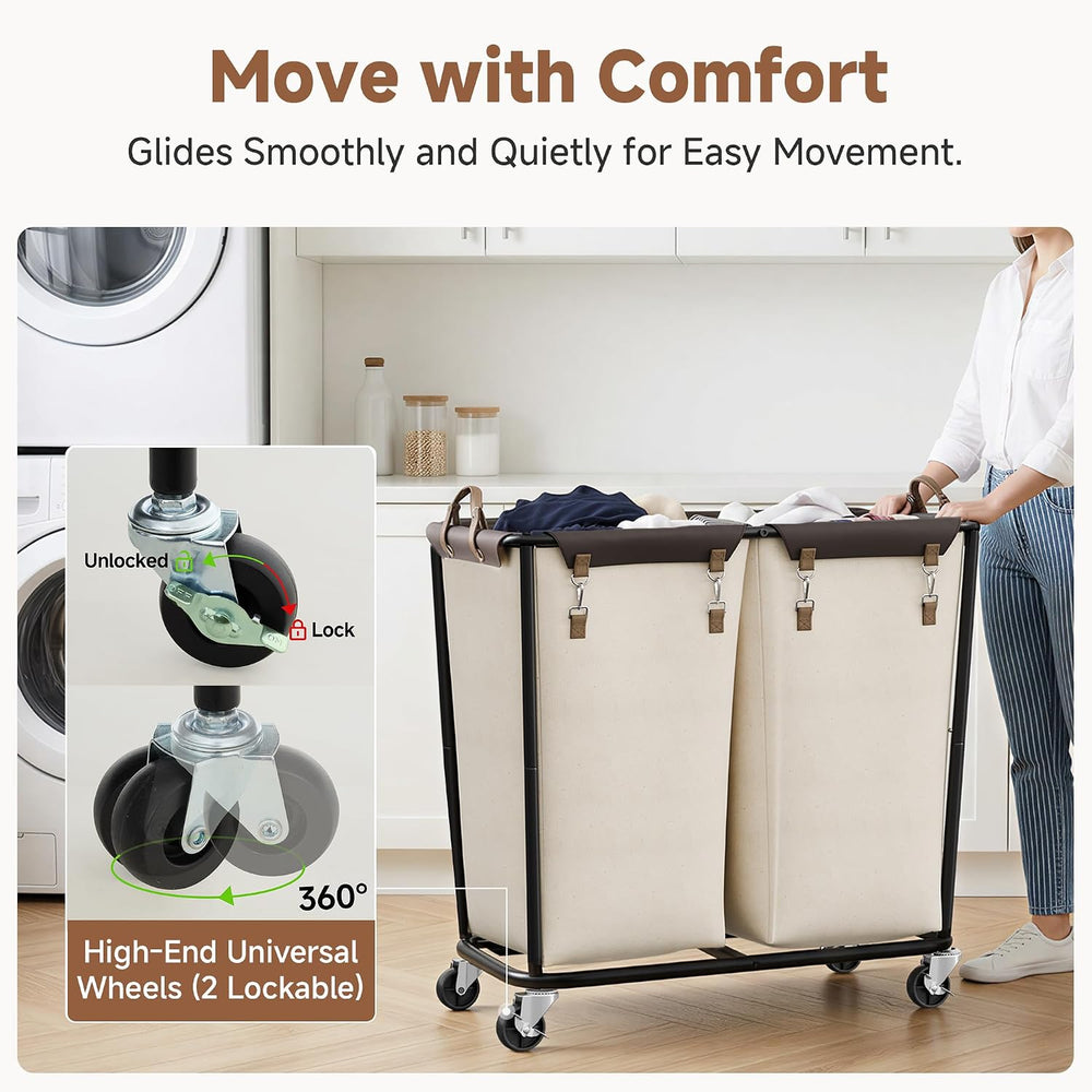 StorageWorks 2 Section Laundry Hamper, 330L Extra Large Beige Rolling Cart