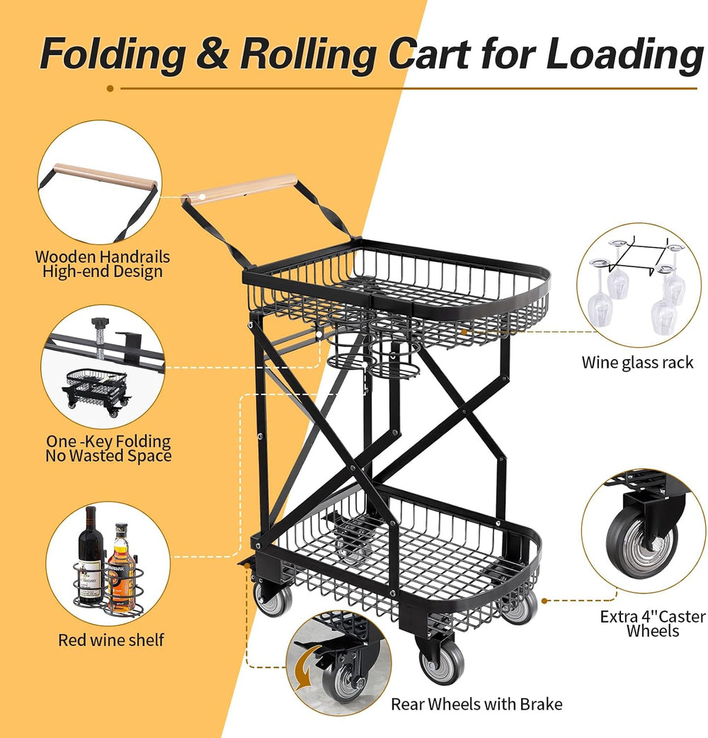 2-Tier Foldable Shopping Cart with Wheels for Groceries, Grocery Store Cart w...