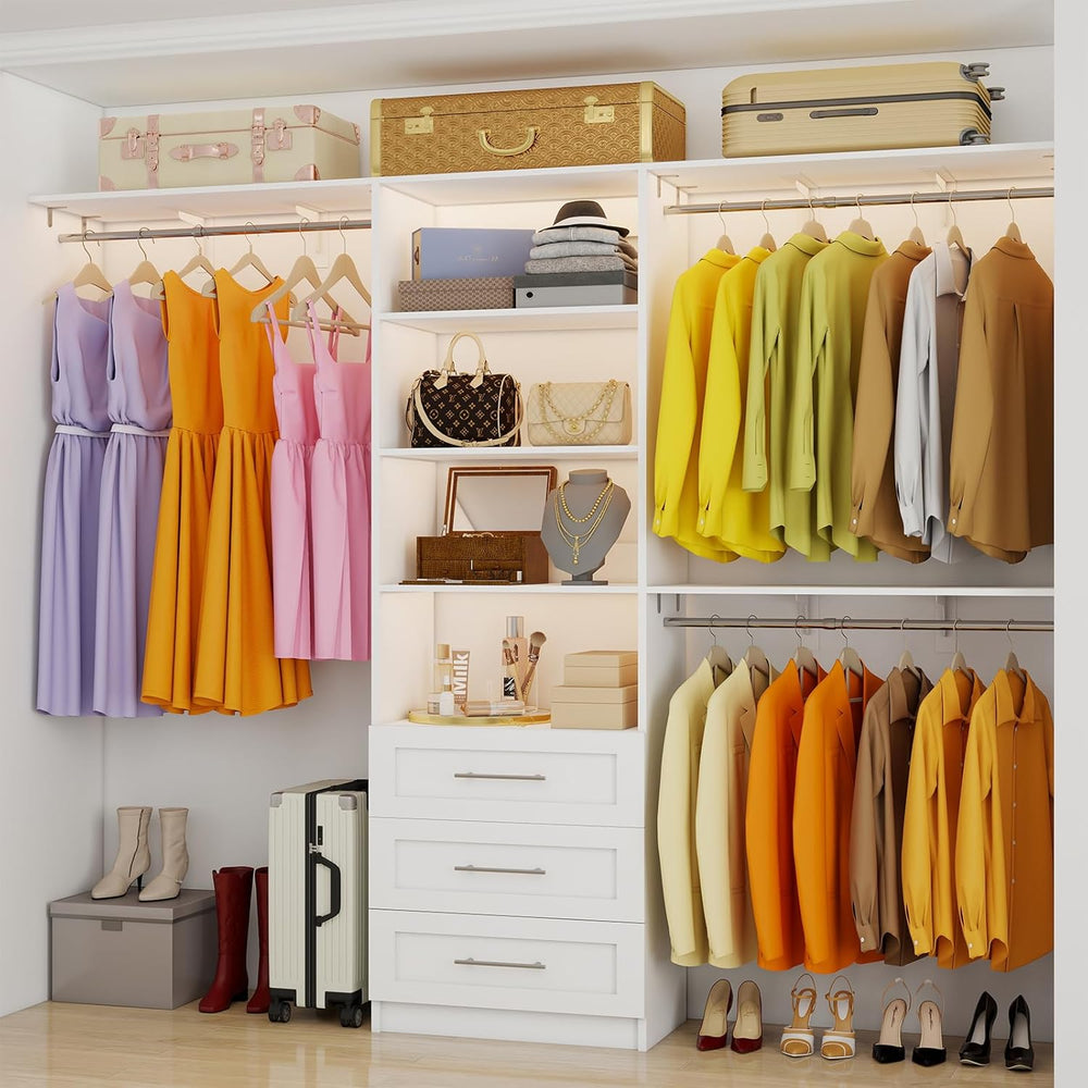 Closet System with 3 Wood Drawers, 5-7.61FT Closet Organizer System with Cutt...