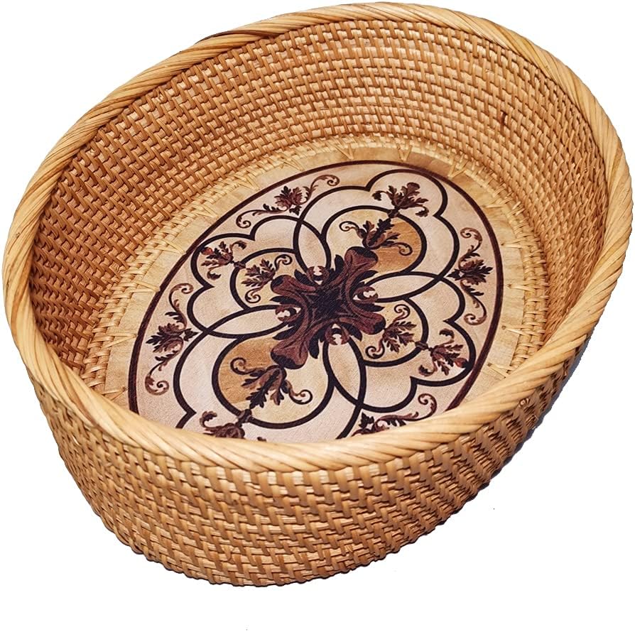 12 Inch Oval Rattan Basket with Painting Wooden Bottom, Wicker Basket Bowl wi...