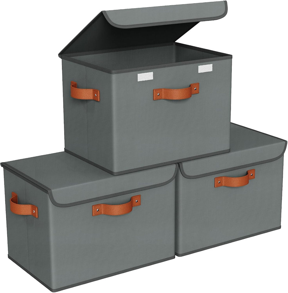 Univivi Fabric Storage Cubes with Lids, Stackable Storage Box, Grey, 3 PCS