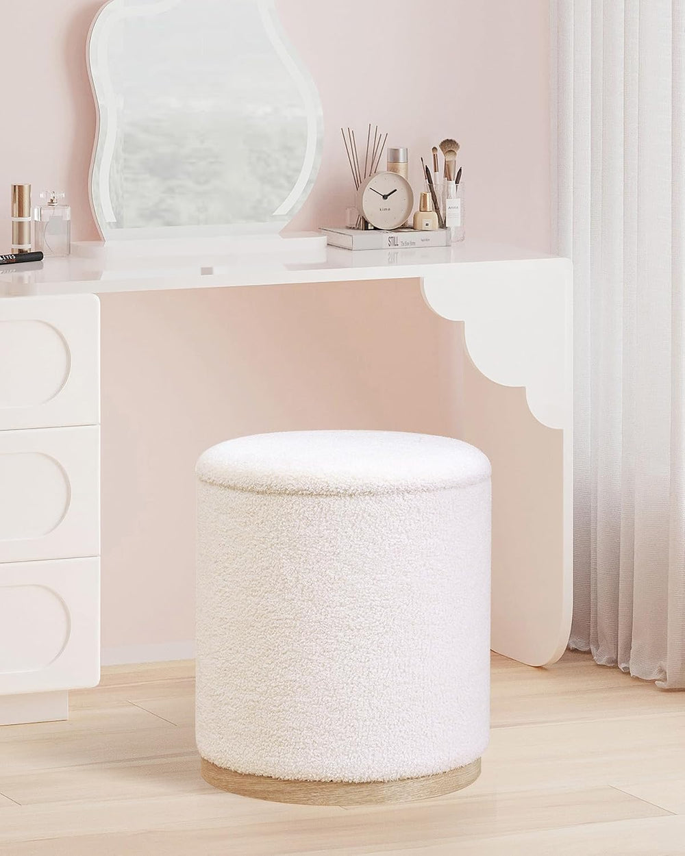 B FSOBEIIALEO 15" Boucle Storage Ottoman with Tray, Cream White, Set of 2