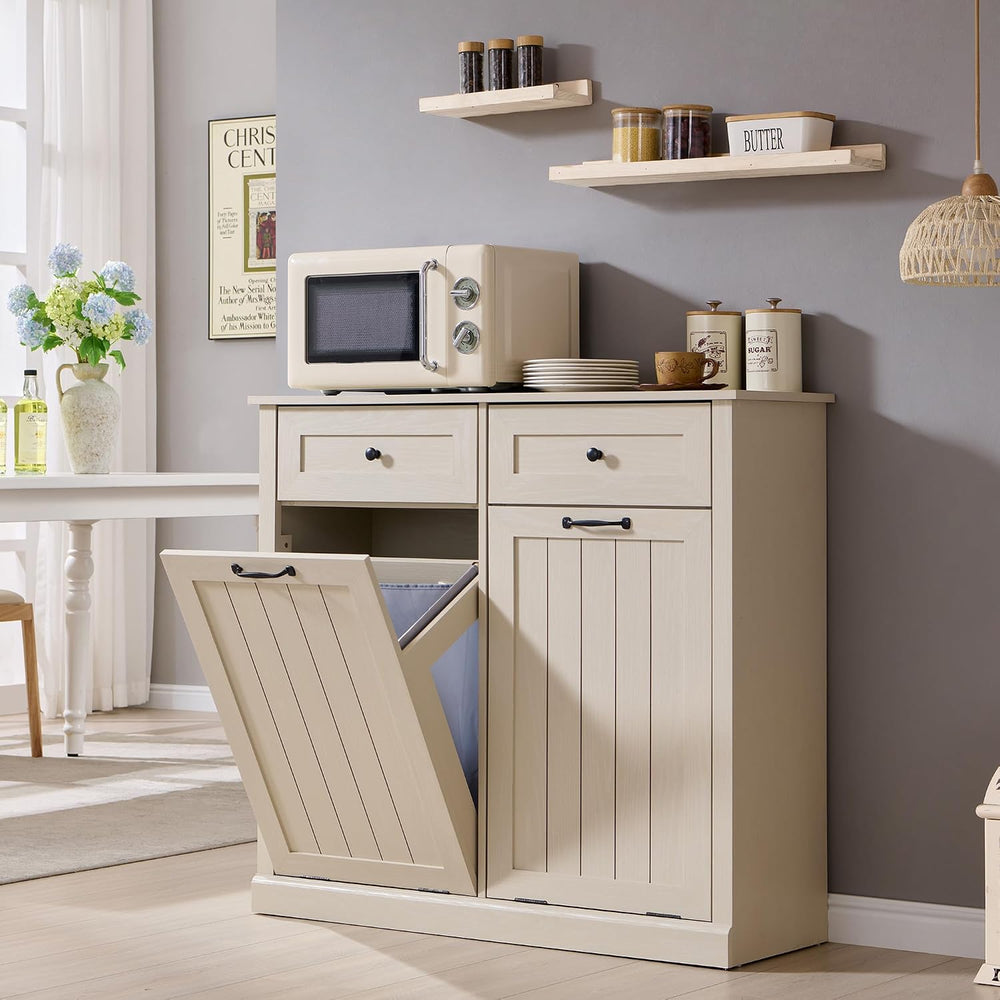 IFBUY Double Tilt Out Laundry Hamper Cabinet, Trash Cabinet, Cream