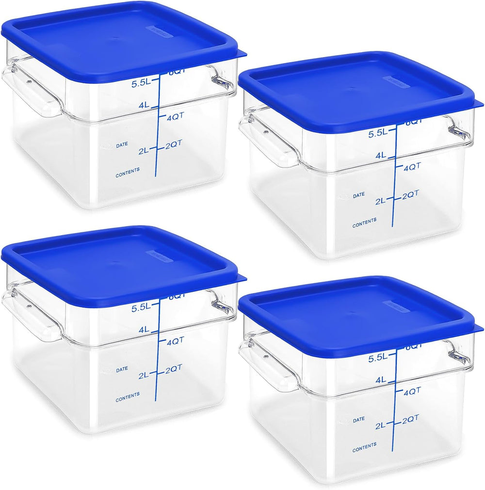 4 Pack Food Storage Containers with Blue Lids, 6.0 Qt - Square, Clear, Polyca...