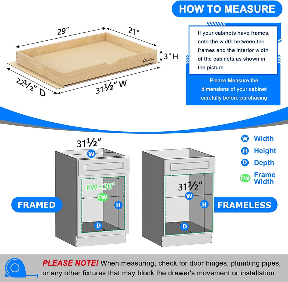 WelFurGeer Soft Close Pull Out Drawers for Cabinets, 29" W x 21" D ...