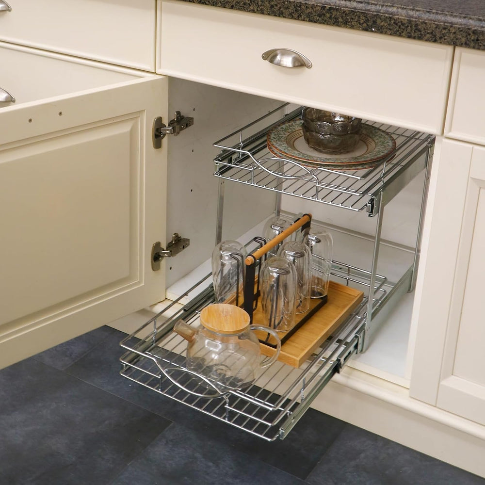 Sikarou Pull Out Cabinet Organizer 14"W 21"D 2-Tier Slide Out Stora...
