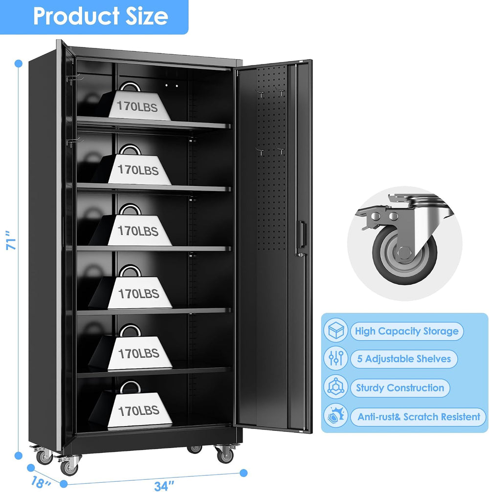 Reemoon Metal Storage Cabinet with Wheels and Pegboard, 71 in, Black