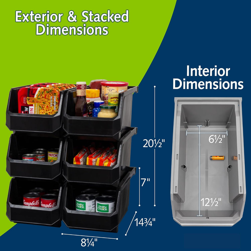 Large Stackable Plastic Storage Bins, 6-Pack, Black