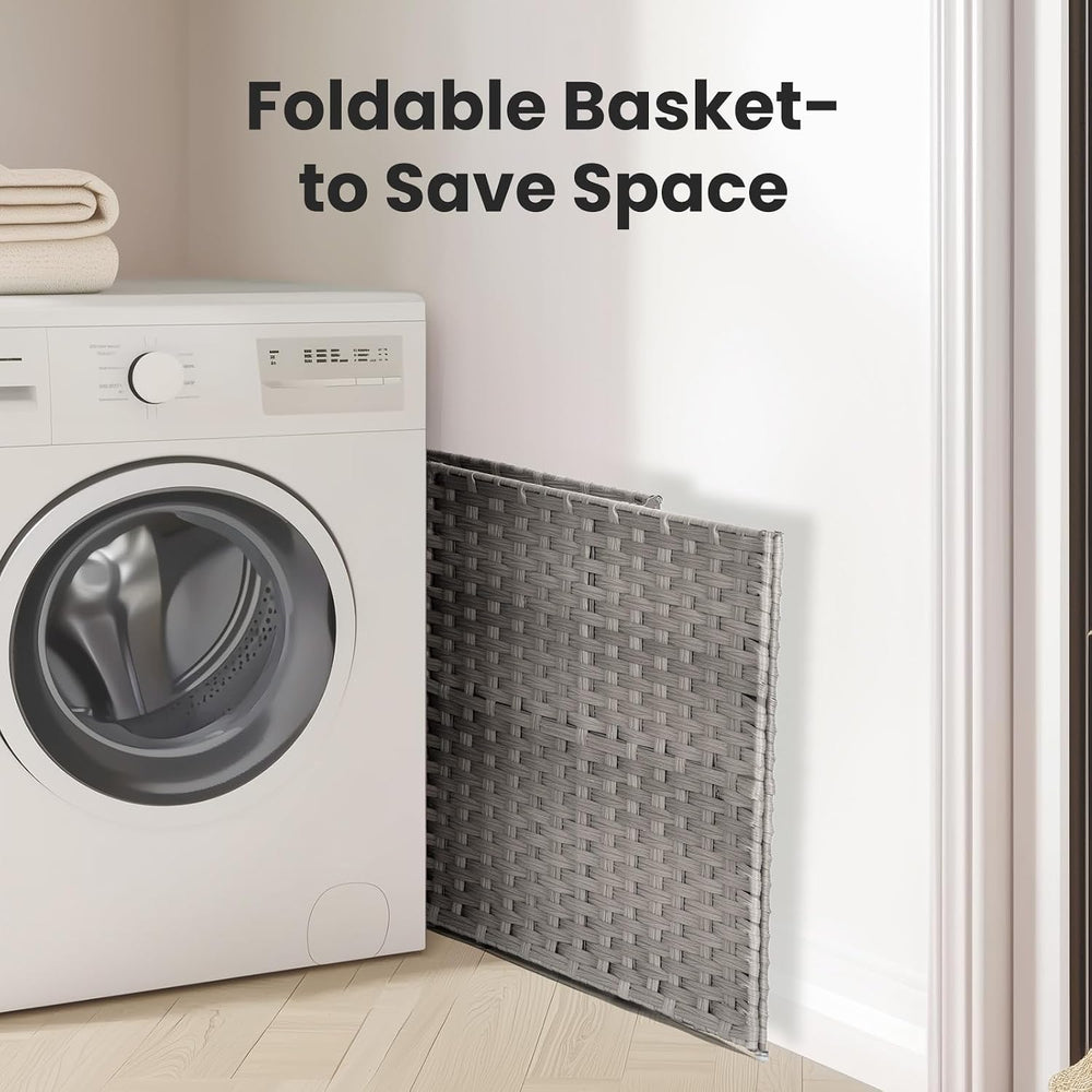 90L Laundry Hamper with Lid, Hand-Woven Pp Rattan Laundry Basket with Compart...