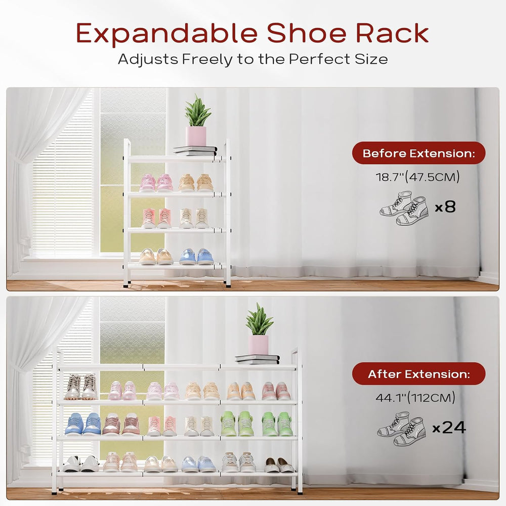 Bumusty 4 Tier Long Expandable Shoe Rack for Closet, White
