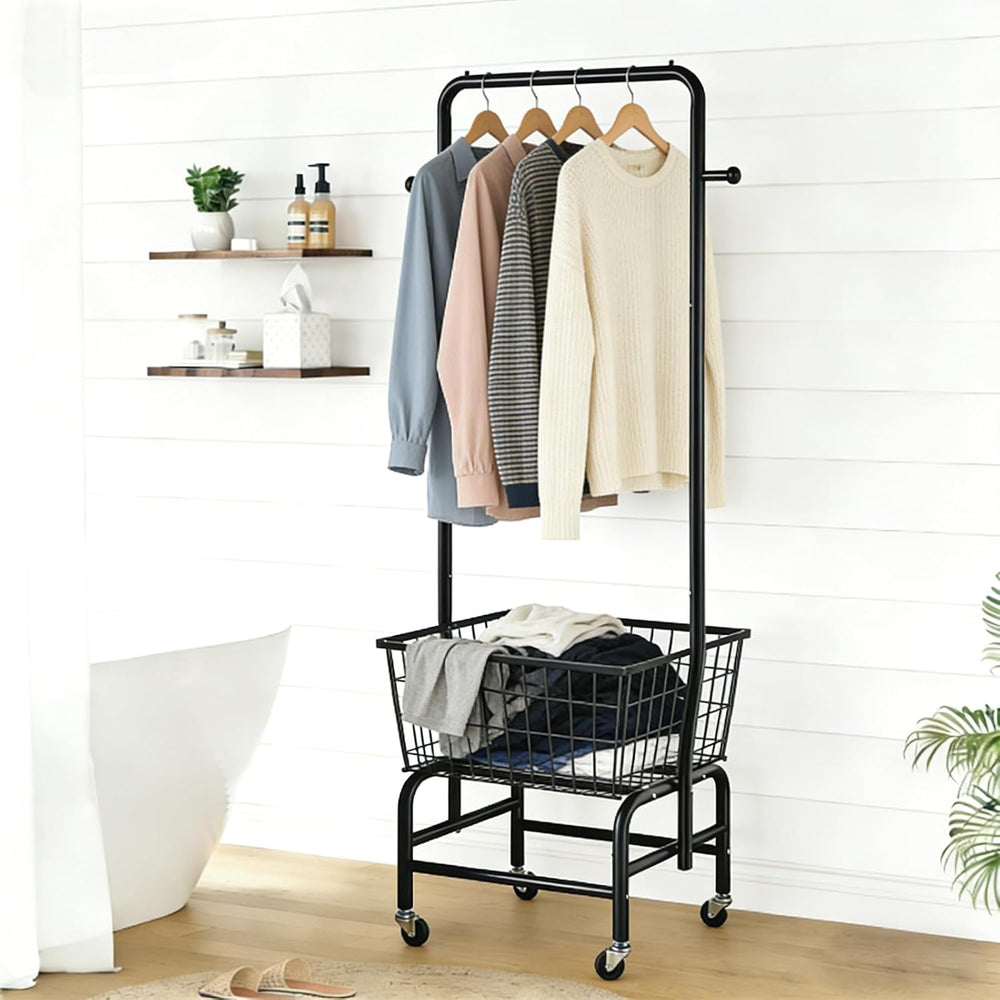 Rolling Laundry Cart with Hanging Rack Metal Laundry Basket with Wheels Laund...