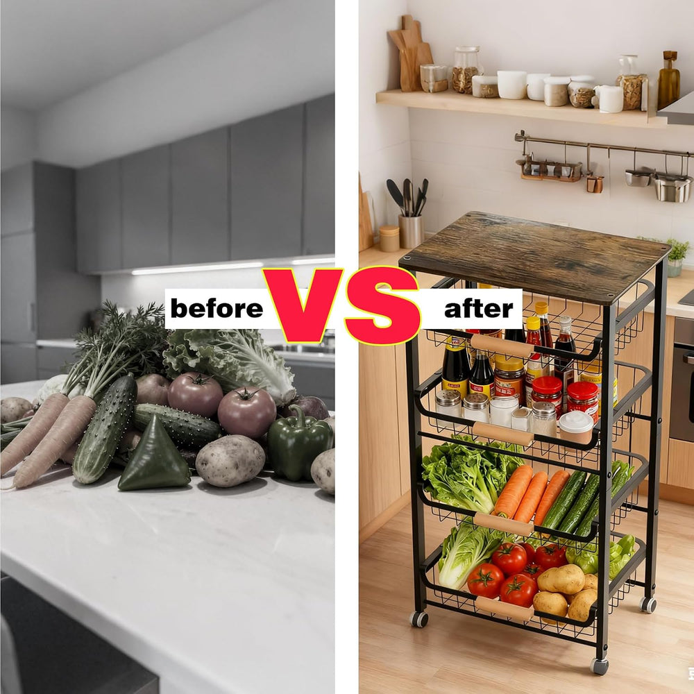 4-Tier Vegetable Fruit Basket for Kitchen Storage Rolling Cart on Wheels with...