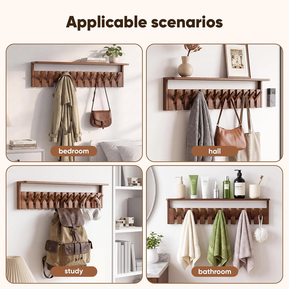 Wall Mounted Coat Rack with Shelf, 12 Flip-Down Hooks, Walnut