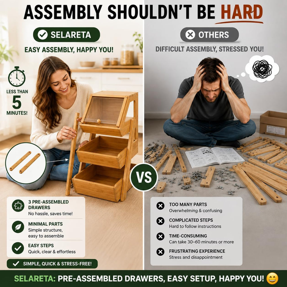 3-Tier Bamboo Basket with Preassembled Drawers, Acrylic Cover & Banana Ho...