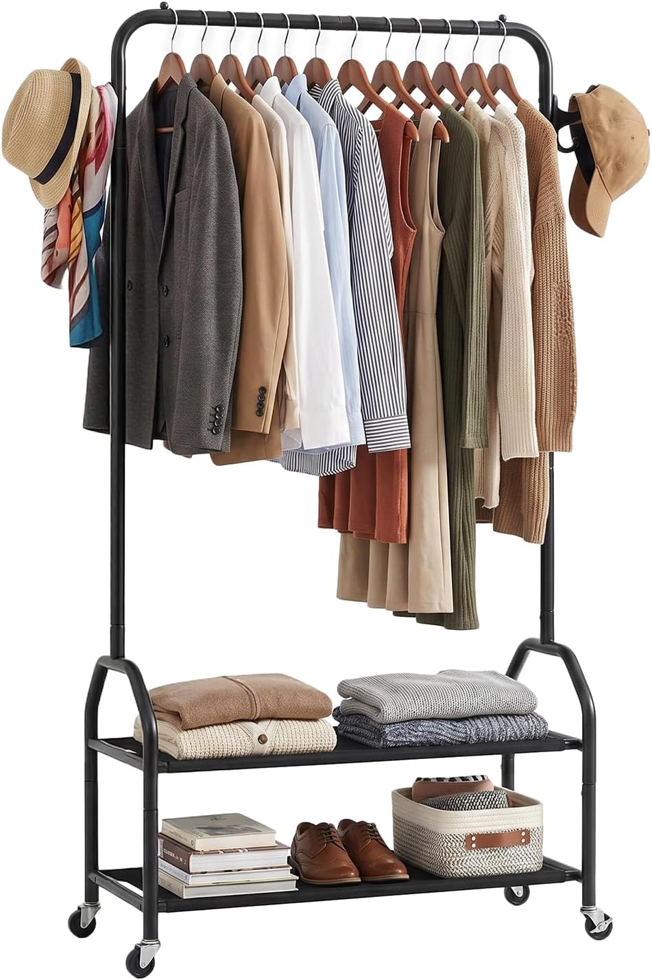 Clothes Rack with 2 Tier Shelves, Rolling Garment Rack