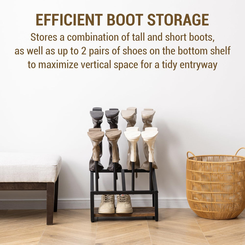 MyGift Industrial Metal & Burnt Wood 4-Pair Boot Rack with Shoe Shelf - F...