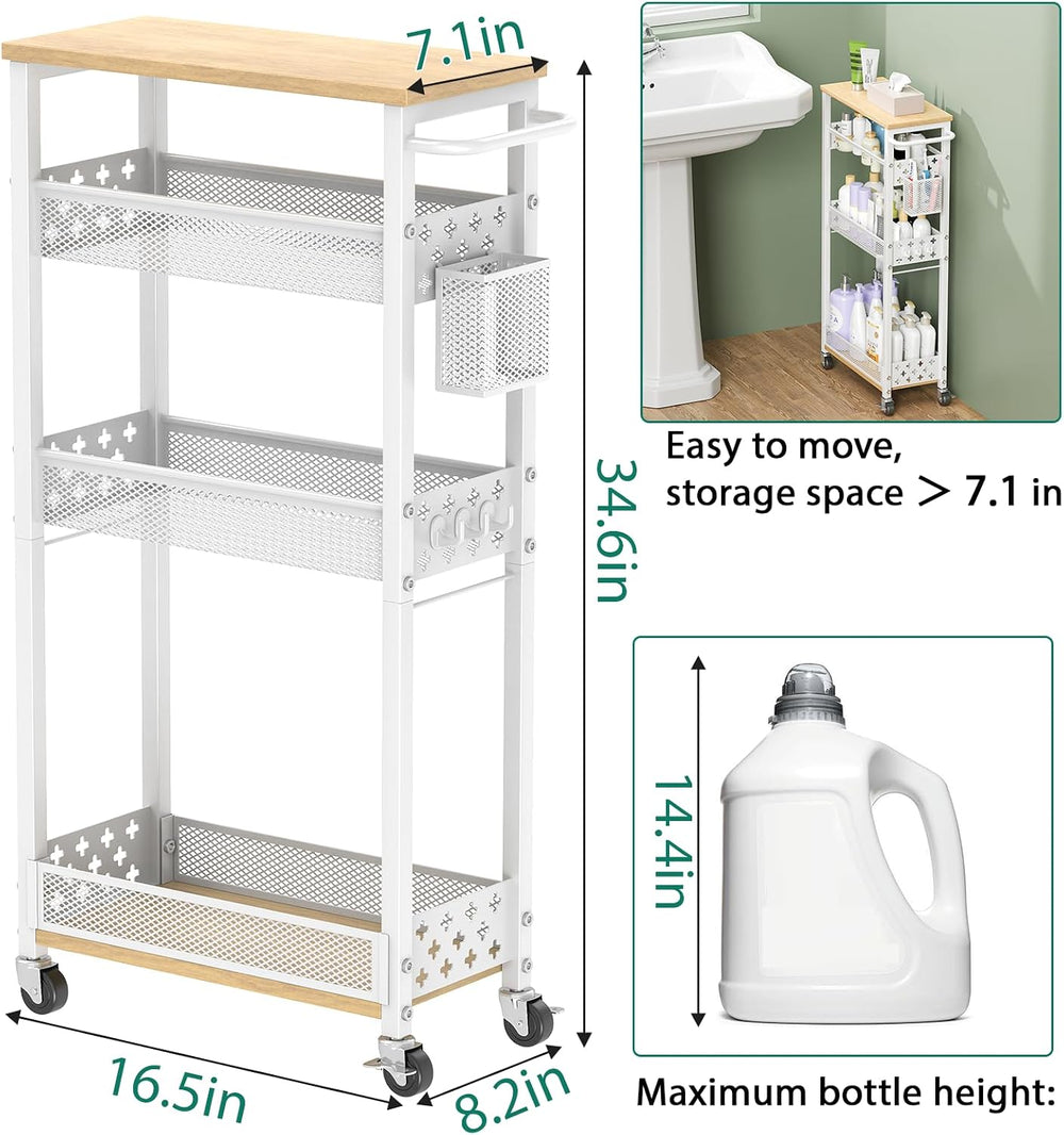 XYZLVSI Slim Rolling Storage Cart, 4 Tier Narrow Shelf for Small Spaces