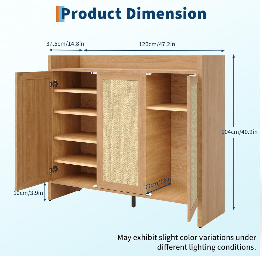 3 Door Rattan Shoe Cabinet for Entryway, Freestanding Wooden Shoe Rack with A...