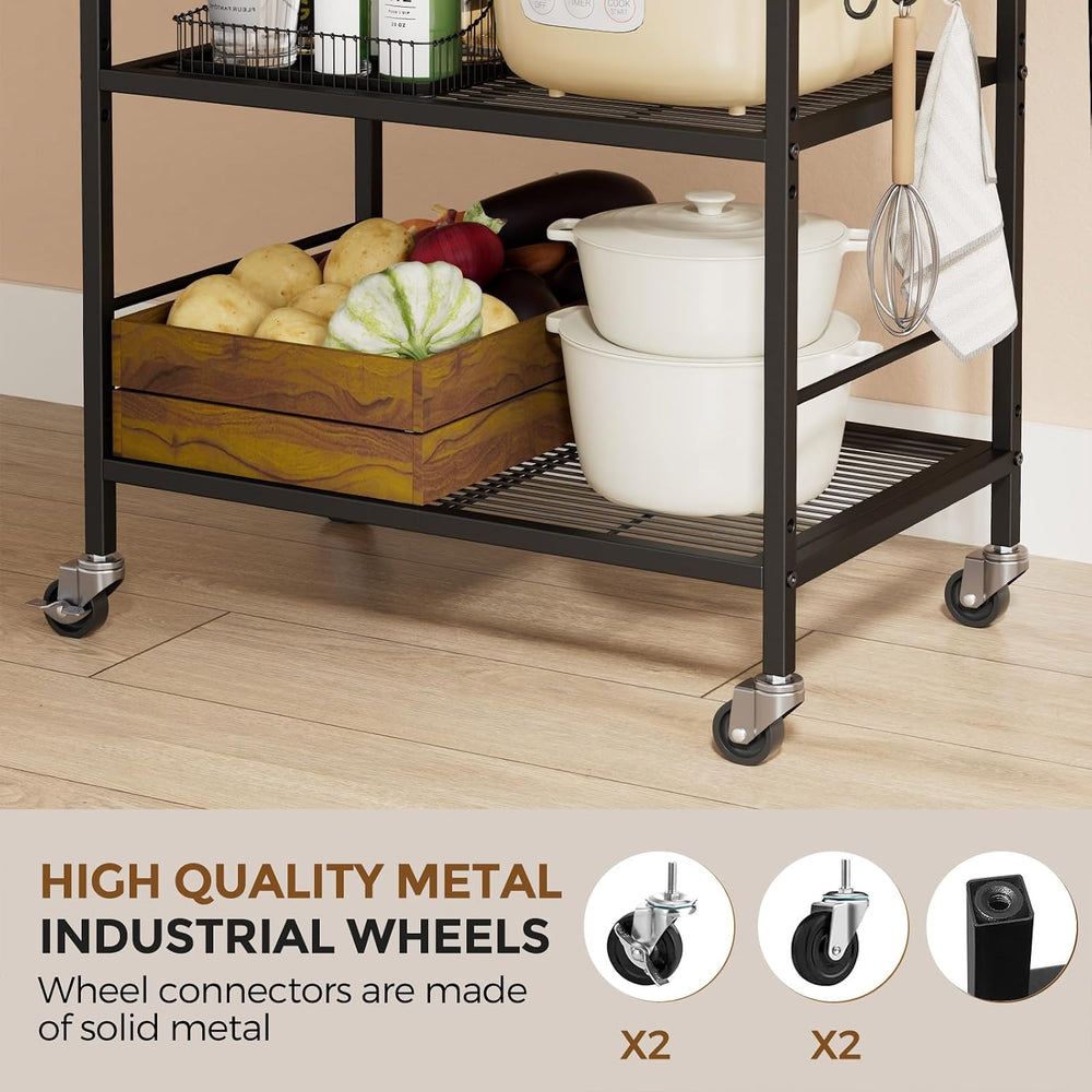 3-Tier Metal Storage Rack with Industrial Wheels,Mesh Shelving Unit with Wood...