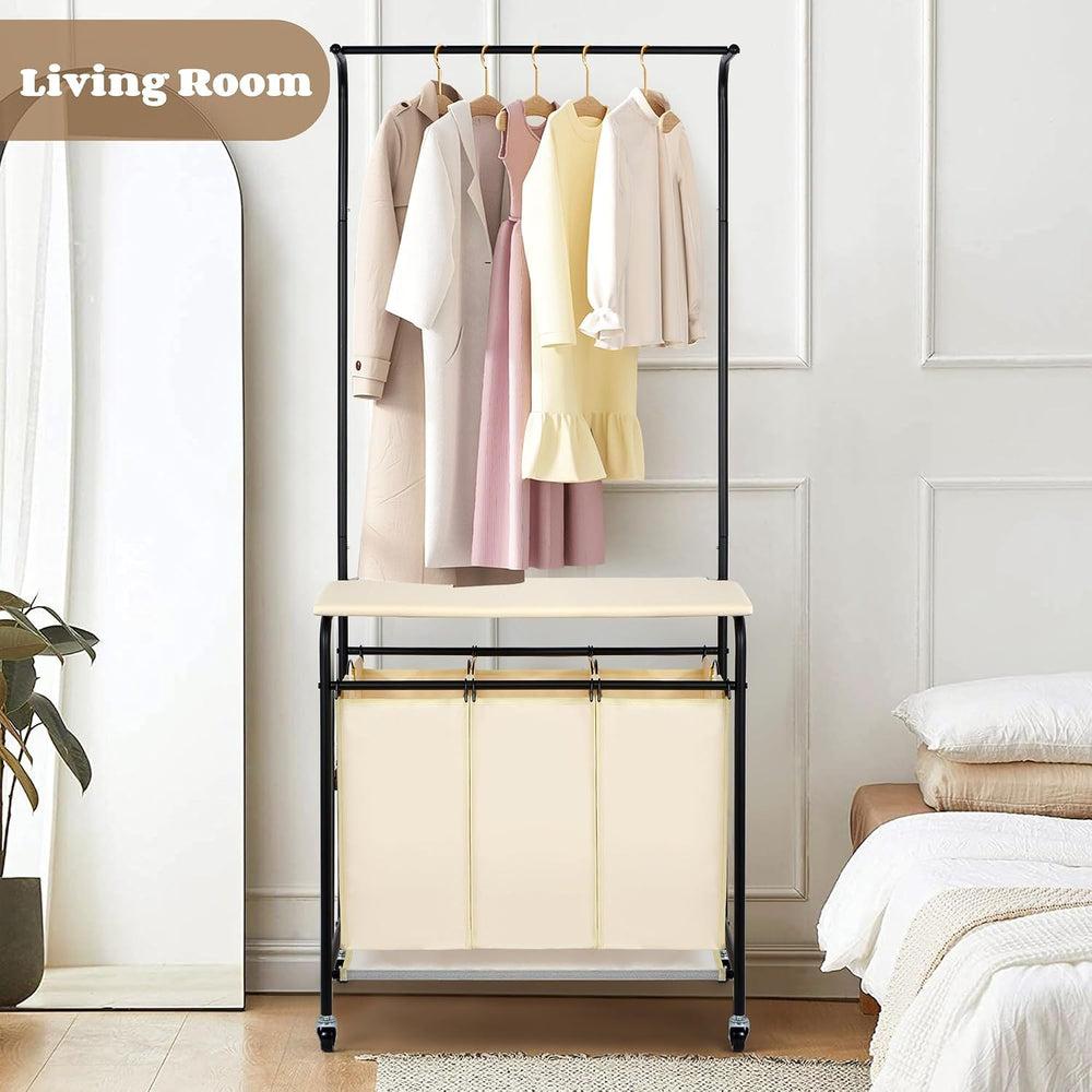 MYOYAY 3 Section Laundry Sorter with Garment Hanging Bar Rack Foldable Ironin...