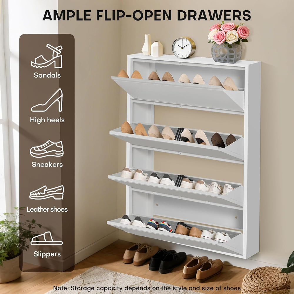 Shoe Storage Cabinet with 4 Flip Drawers, Hidden Slim Narrow Shoe Rack Cabine...