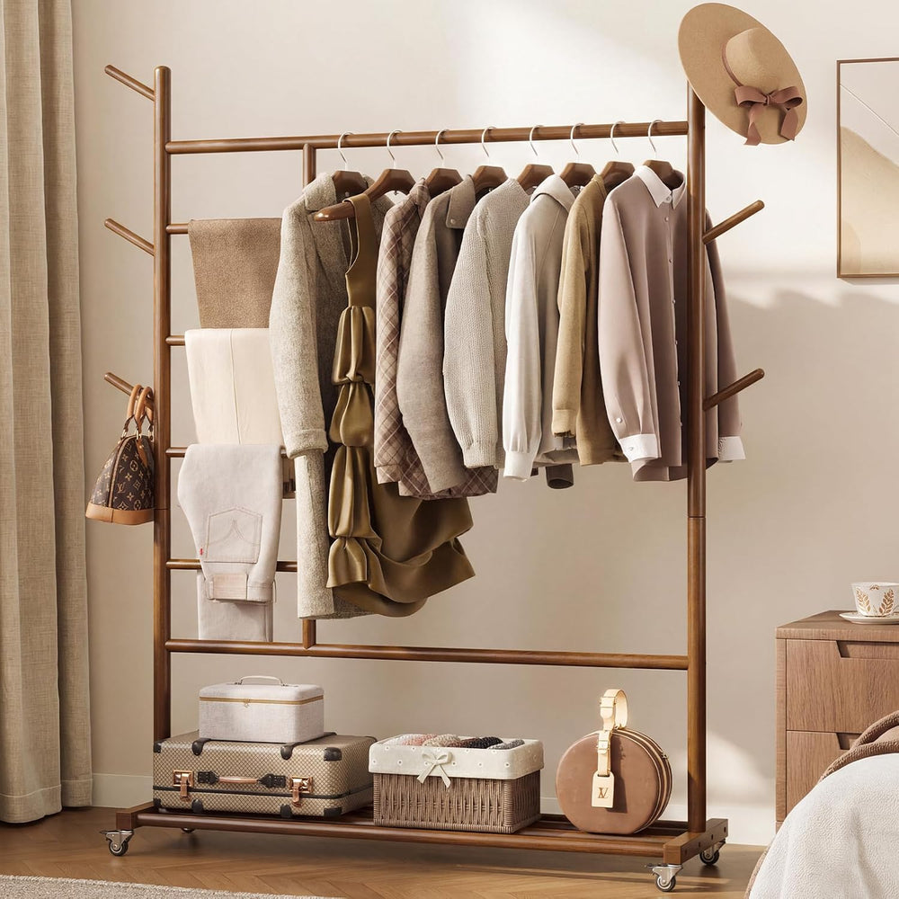 Yoobure Solid Wood Clothing Rack, 4-in-1 Wooden Clothes Rack with Wheels