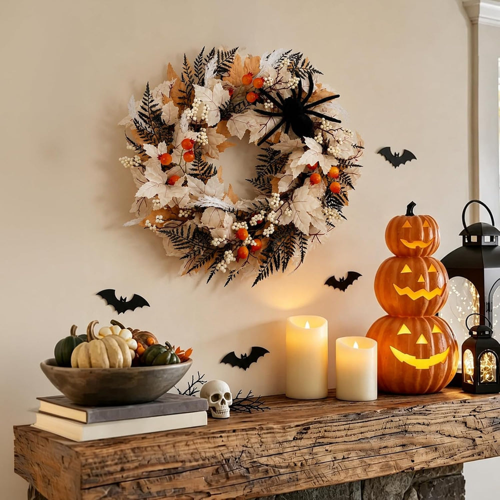 Grooy 22 Inch Halloween Wreath for Front Door with Spider Maple Leaf