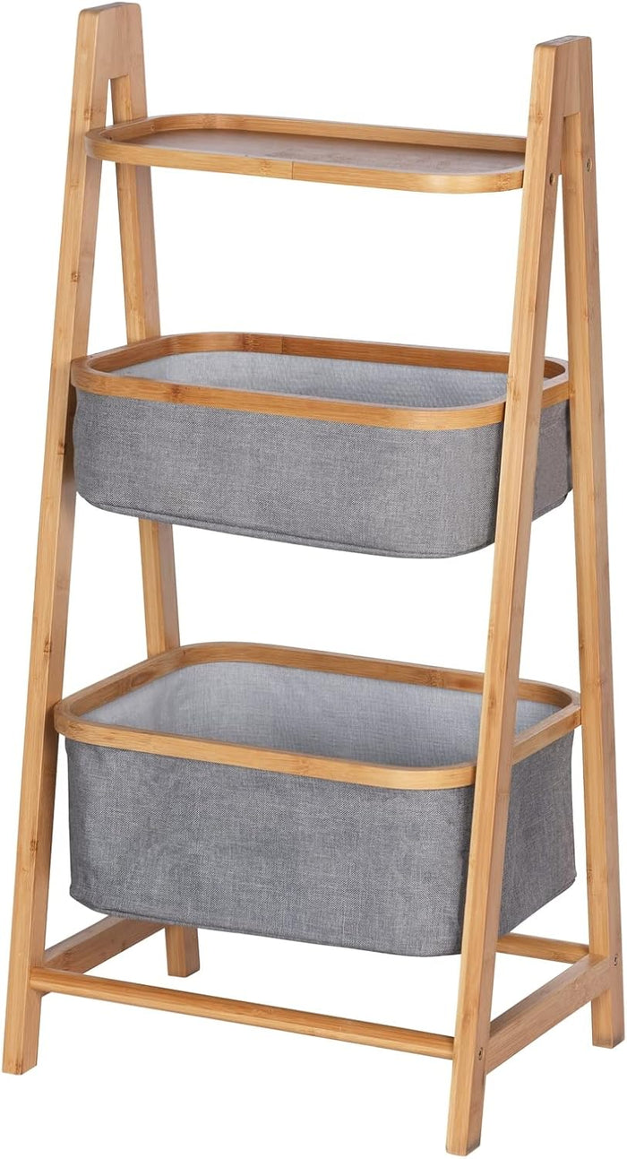 WENKO Shelving Unit with Two Storage Baskets, Open Shelf for Bathroom, Bedroom Living Room, Bamboo, Gray Storage Unit, 17.32 x 35.83 x 13.39 in