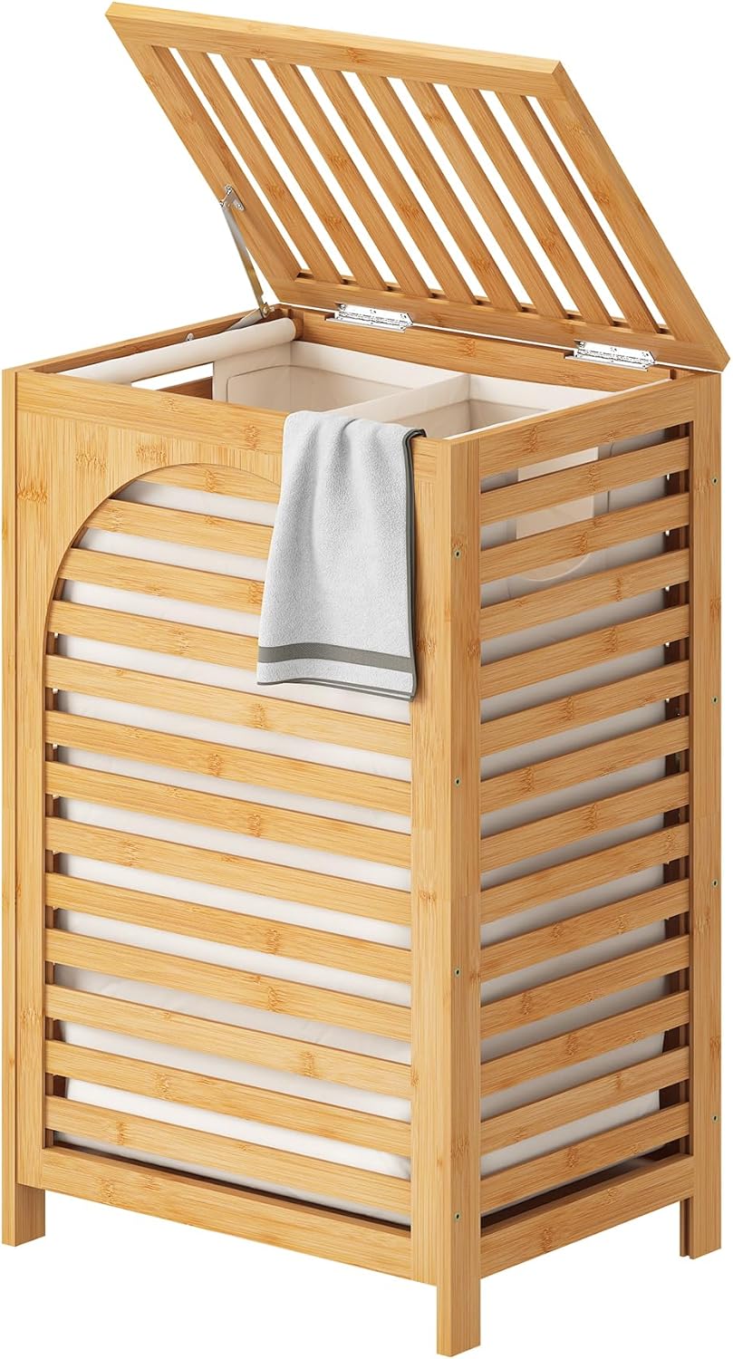 Laundry Hamper with Lid (16.9 * 13 * 26.5inches) Large Bamboo Laundry Bin Bas...