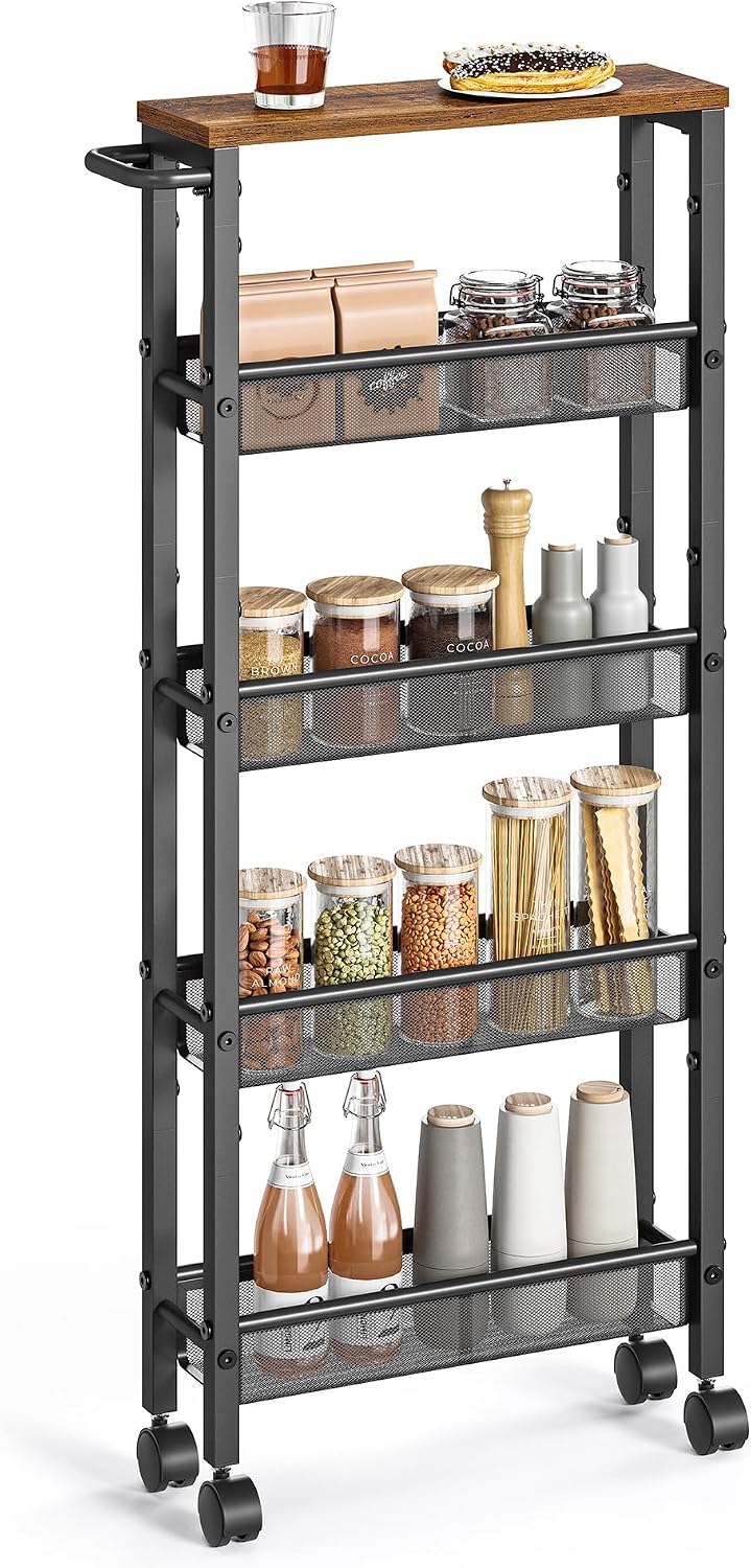 VASAGLE 5-Tier Slim Rolling Storage cart with Wheels, 5.1 Inches, Metal