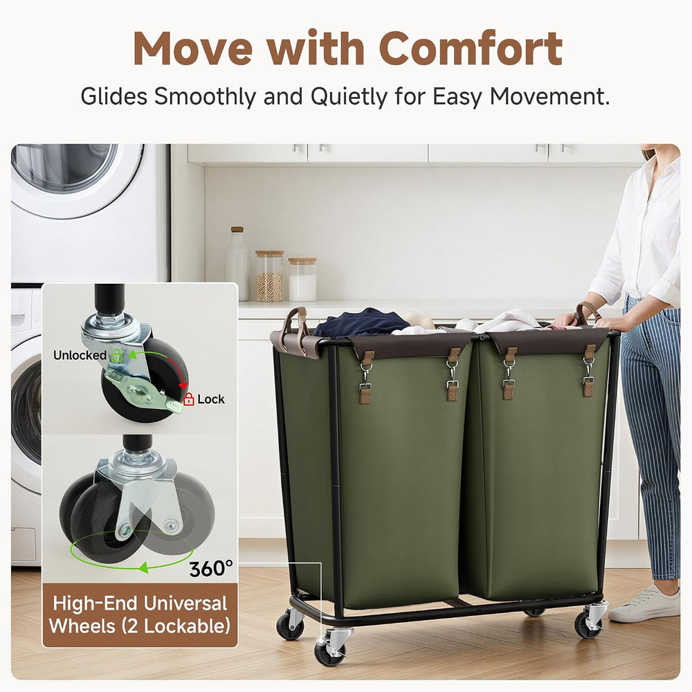 StorageWorks 2 Section Laundry Hamper, 330L Extra Large Green Rolling Cart