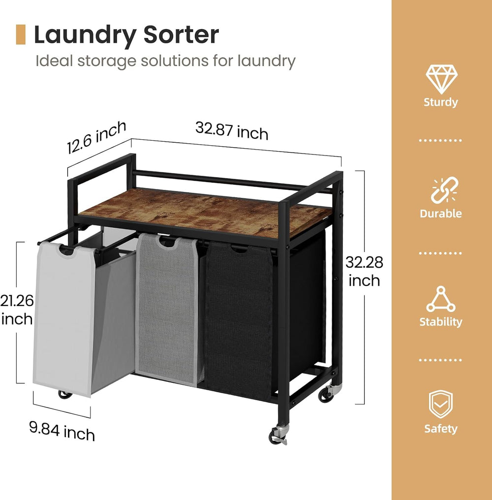 SwaaVee Laundry Sorter, Laundry Hamper 3 Section, 3×11.4Gal, Metal Frame Roll...