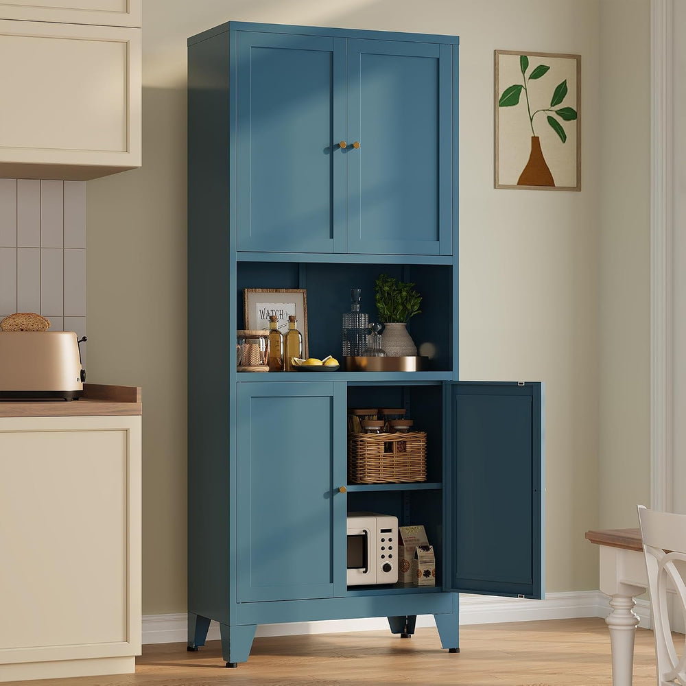 Metal Pantry Cabinet, Tall Kitchen Cabinet with 4 Doors & Adjustable Shel...