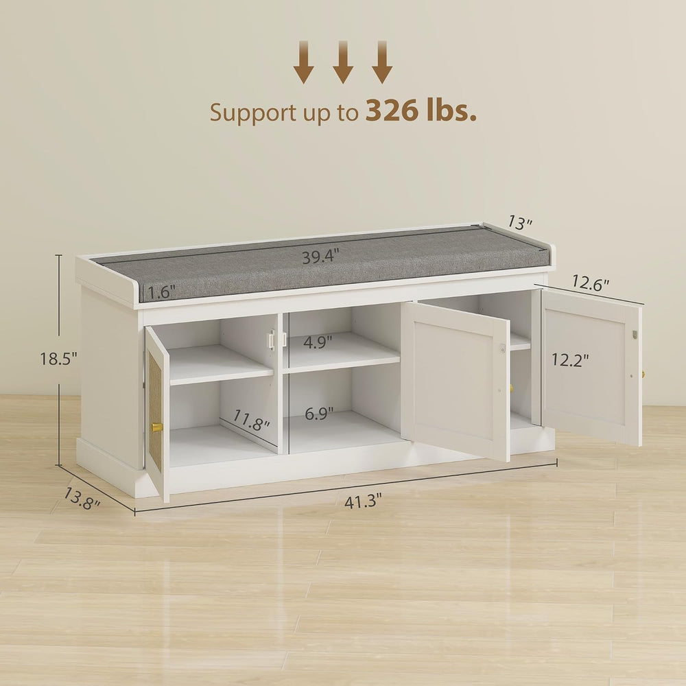HOMCOM Shoe Bench Storage Rattan Doors 13.8 x 41.3 x 18.5 Inches White