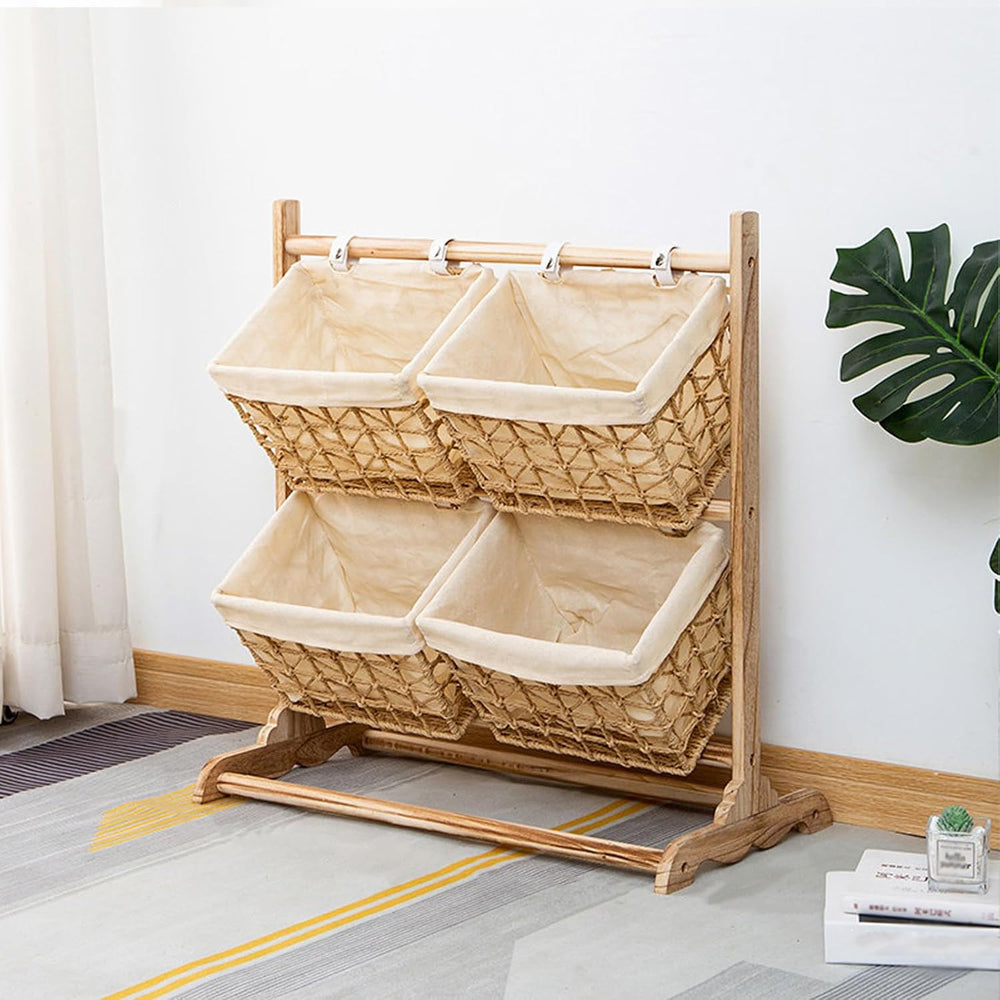 3-Tier Wicker Basket Stand with Wood Frame, Floor Standing Storage Rack with ...