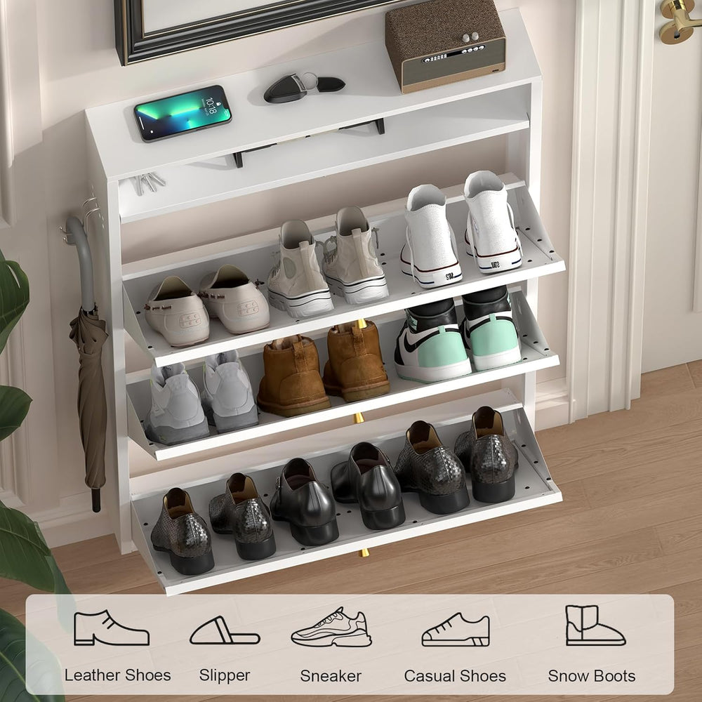 Modern Slim Shoe Organizer, 3 Flip Shoe Cabinet with Open Storage, Narrow Sho...