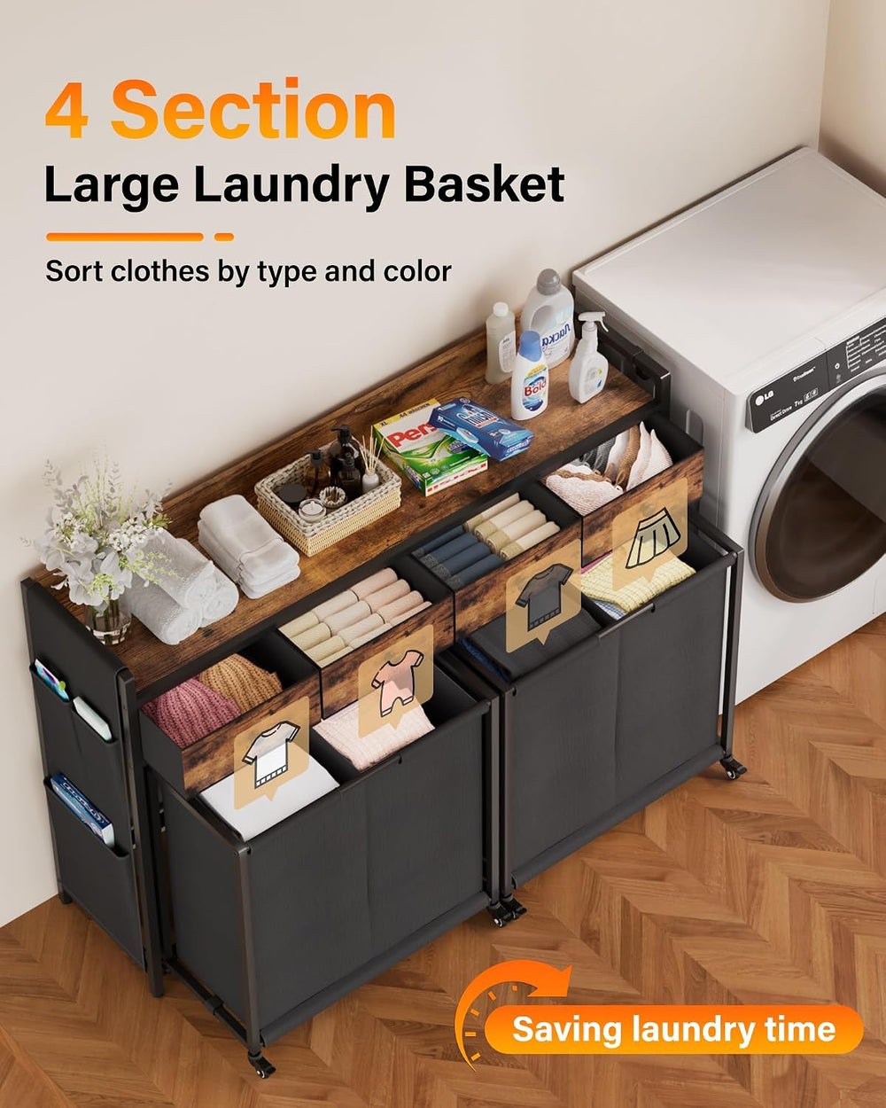 4 Section Rolling Laundry Sorter, Fabric Drawers & Pull-Out Car