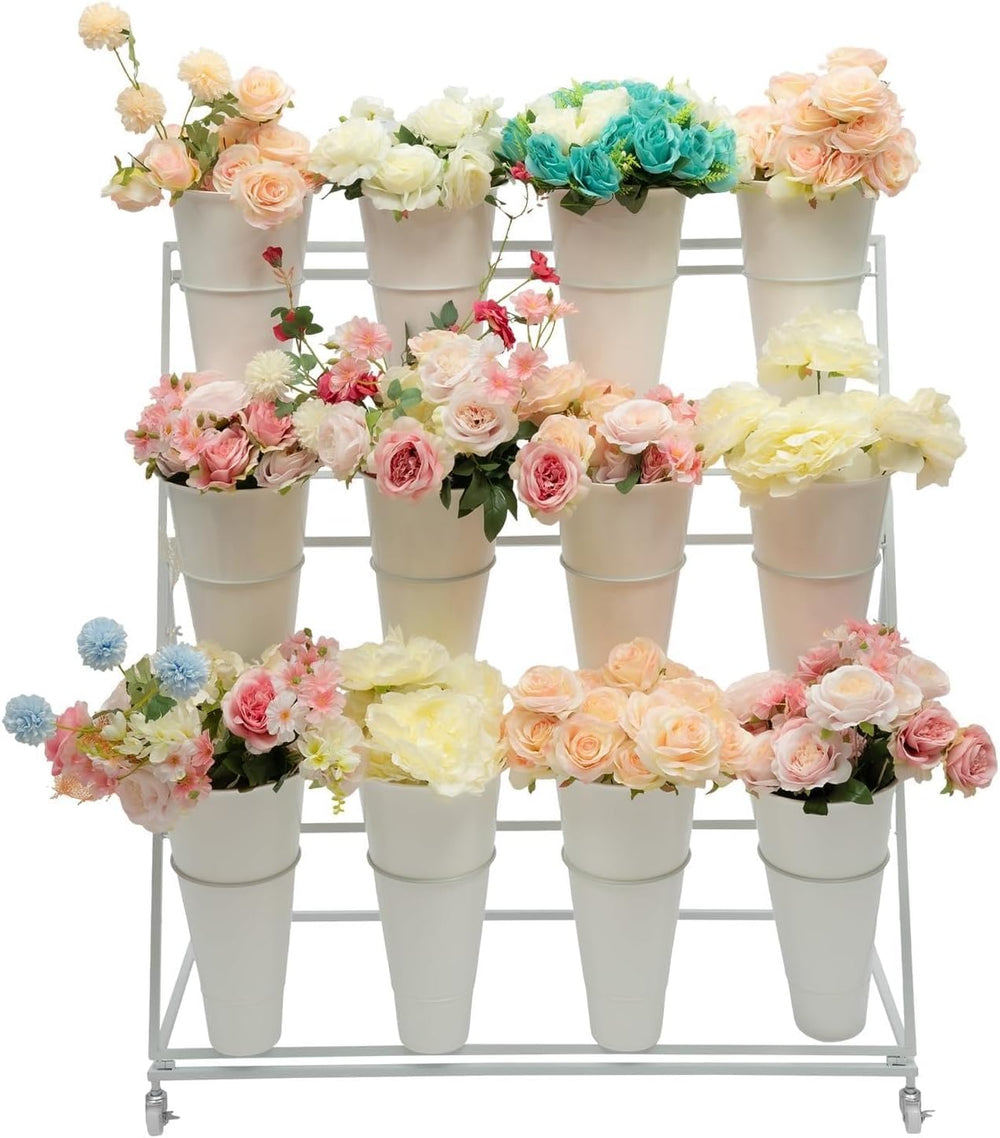 Plant Flower Bloom Bar Stand with 12 Buckets, Flower Cart Display Stand White...