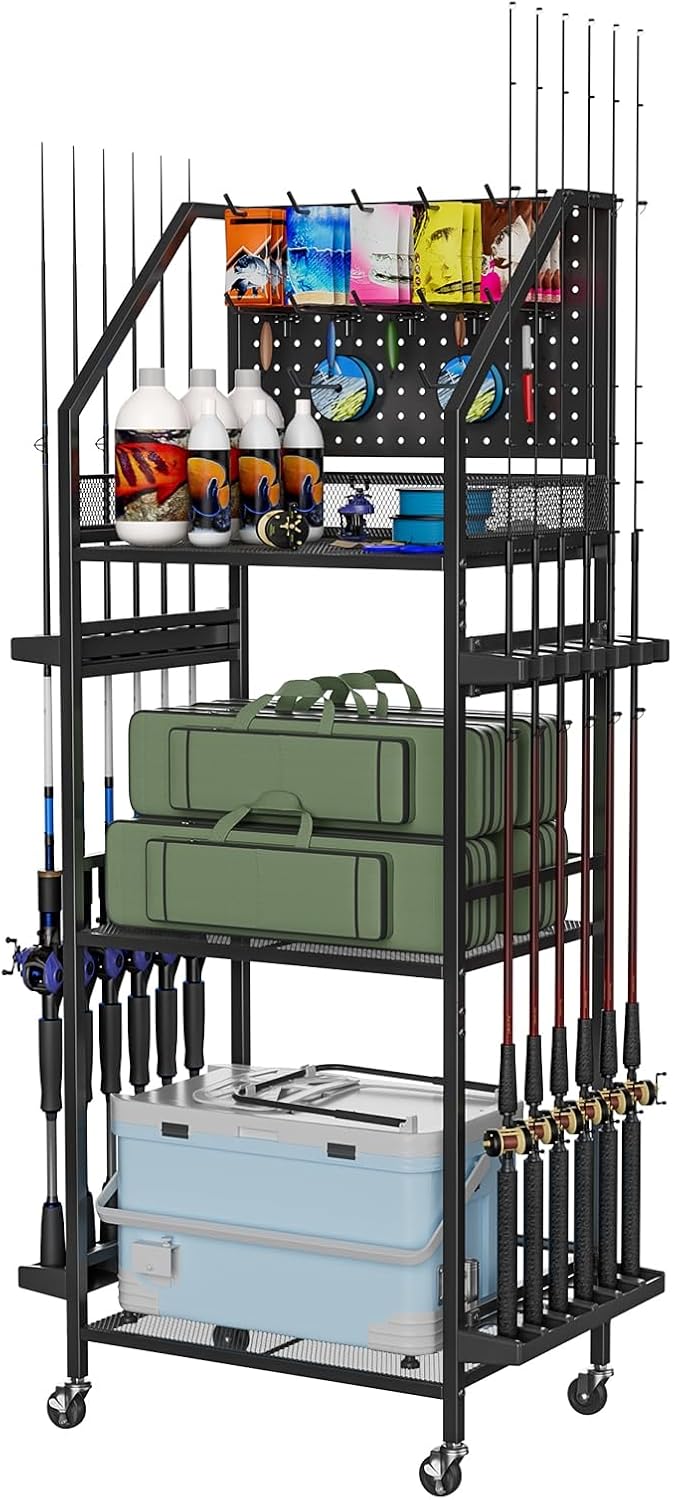 Fishing Rod Holder with Wheels for Garage, 12-Rod Fishing Pole Holders