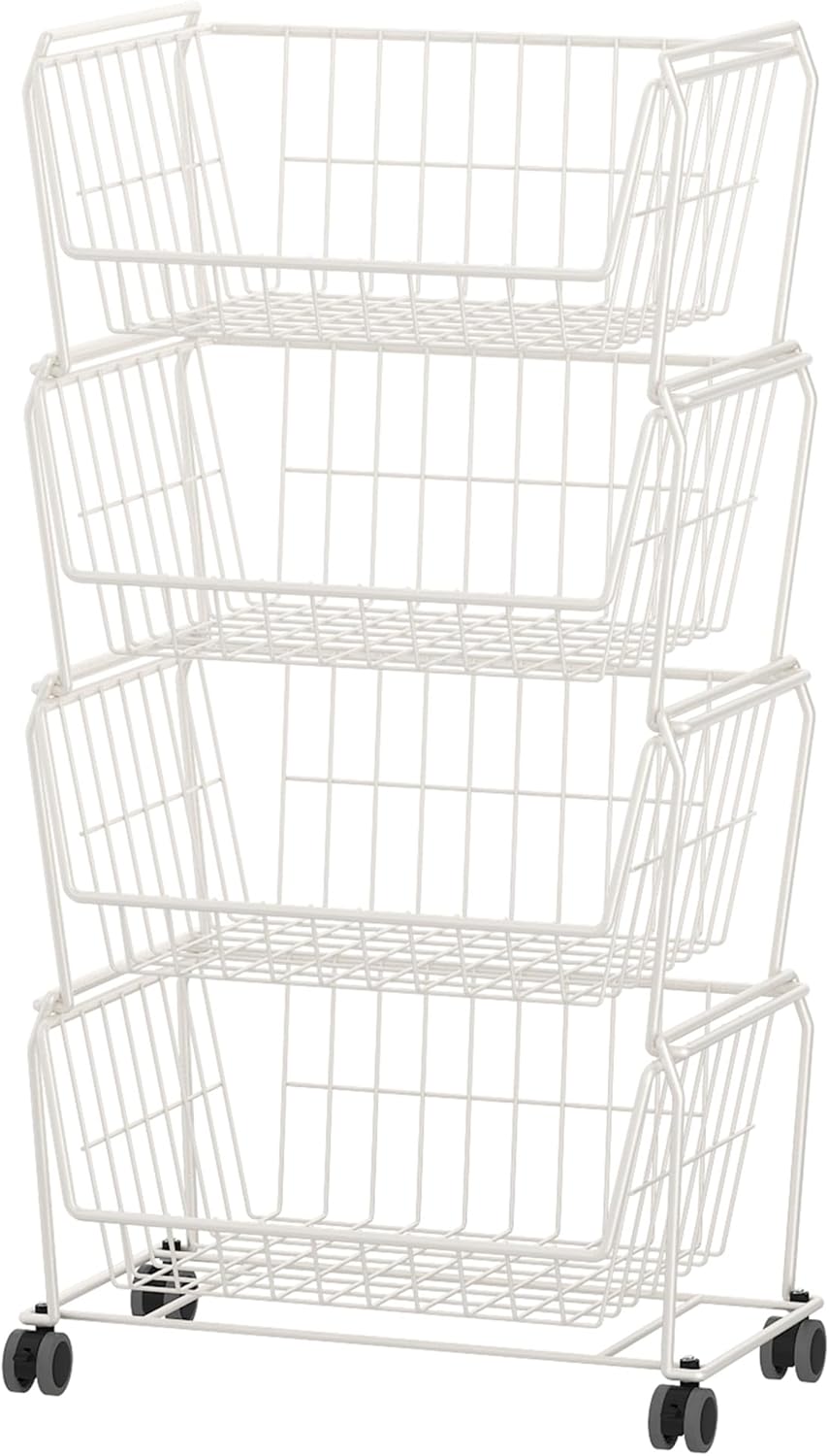 PUSDON 4-Tier Large Stackable Wire Storage Baskets with Wheels, Metal Rolling...