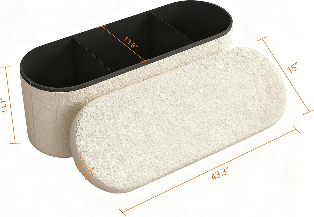 GLAXYFUR Oval Ottoman with Storage for Living Room, Sherpa Bench, Beige
