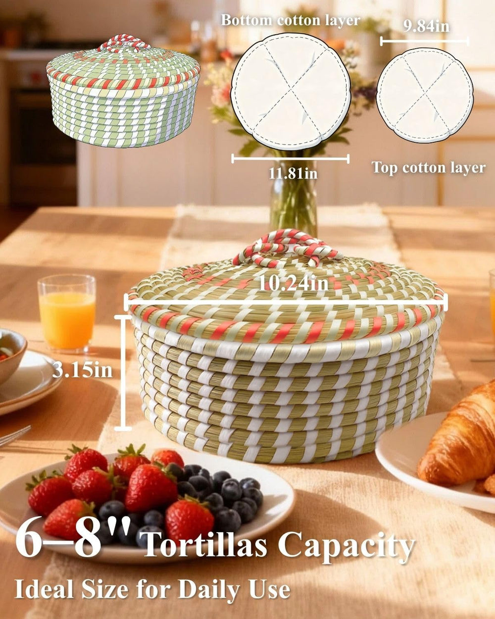 Handwoven Seagrass Tortilla Warmer Basket with Lid, 9.6" Breathable Natu...